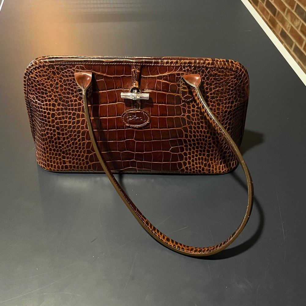 Longchamp Roseau Brown Croc Embossed Leather Satchel Shoulder Bag